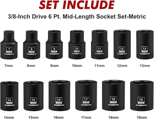 Juego de 13 llaves métricas magnéticas CASOMAN, 3/8 de pulgada, 6 puntos, perfil bajo, medidas de 0.276" a 0.748", material CR-MO.