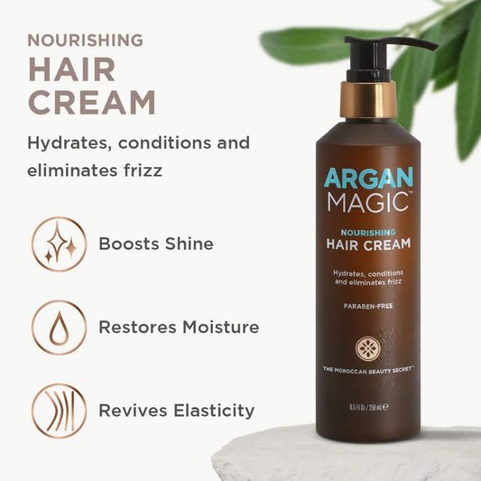 Argan Magic Nourishing Hair Cream. Hydrates, conditions and eliminates frizz. Paraben-Free. 8.5 FL OZ