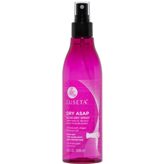 Luseta Dry Asap Blow-Dry Spray. Infused with Argan & Marula Oil. Blow Dry, Time Saver with Heat Protection. For all hair types pH 4.5-6.5 – 8.5 FL OZ