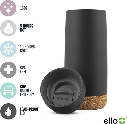 Ello Built-IN coaster Travel Mug - 20 hrs cold, 5 hrs hot, 16 OZ