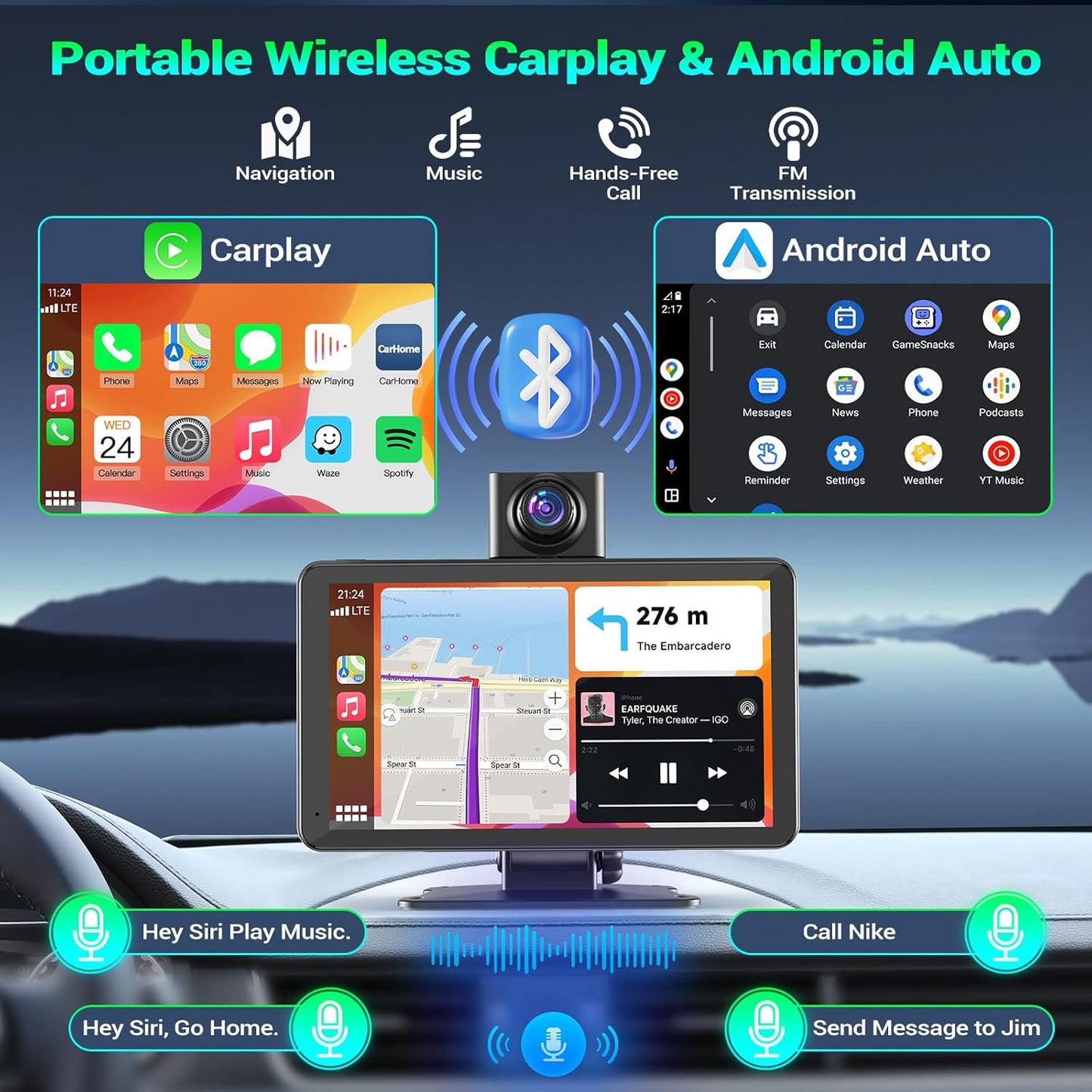 Pantalla de coche de 7" con CarPlay y Android Auto inalámbricos, estéreo portátil, pantalla táctil, dash cam y espejo de audio con cámara integrada.