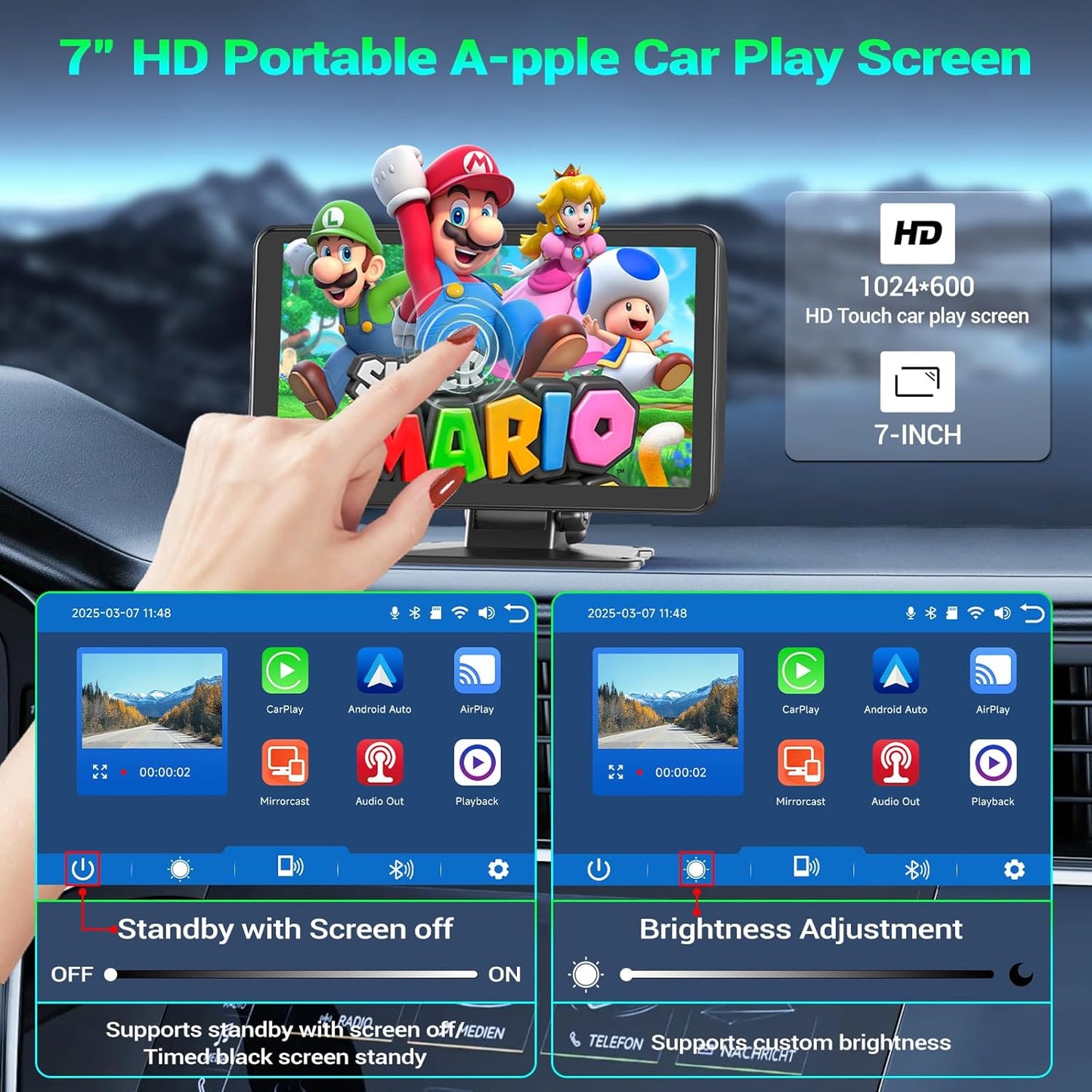Pantalla de coche de 7" con CarPlay y Android Auto inalámbricos, estéreo portátil, pantalla táctil, dash cam y espejo de audio con cámara integrada.