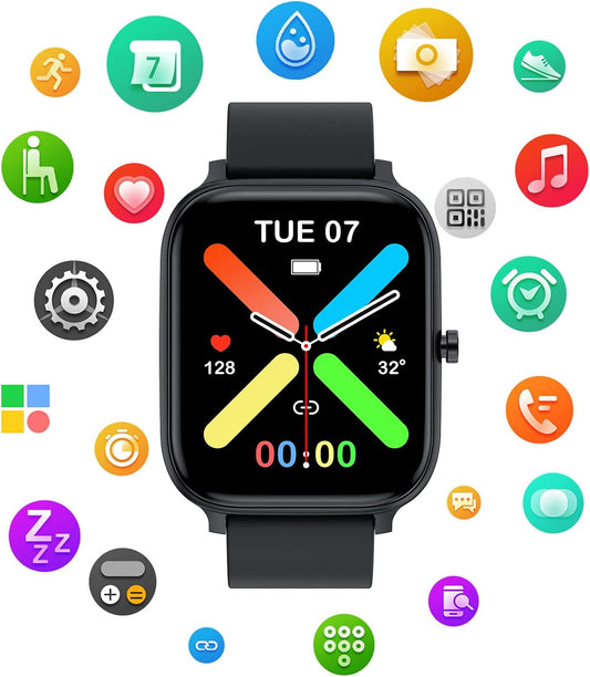 Reloj inteligente unisex de 1.69" con pantalla táctil completa, IP68 resistente al agua, Bluetooth, monitor de frecuencia cardíaca y sueño – Compatible con iPhone y Android (color negro).