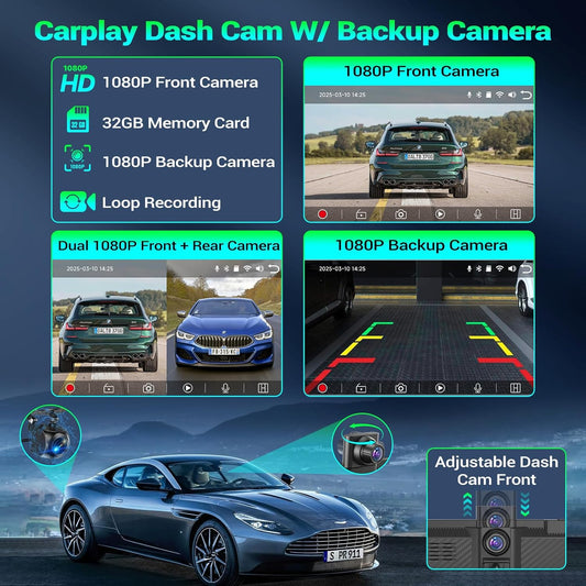 Pantalla de coche de 7" con CarPlay y Android Auto inalámbricos, estéreo portátil, pantalla táctil, dash cam y espejo de audio con cámara integrada.