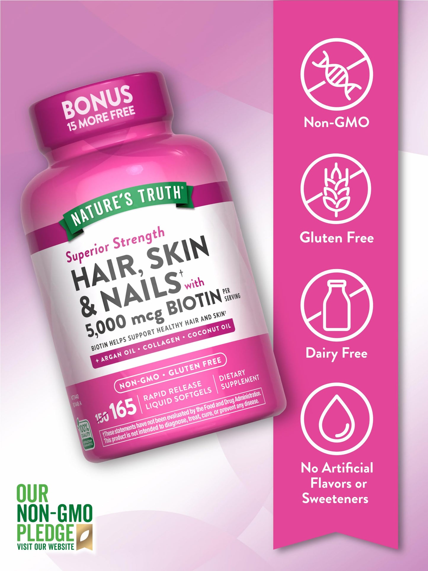 Nature’s Truth Superior Strength Hair, Skin & Nails with 5000 mcg Biotin per serving + Argan Oil, Collagen, Coconut Oil. NON-GMO, Gluten Free. 165 Liquid Softgels.