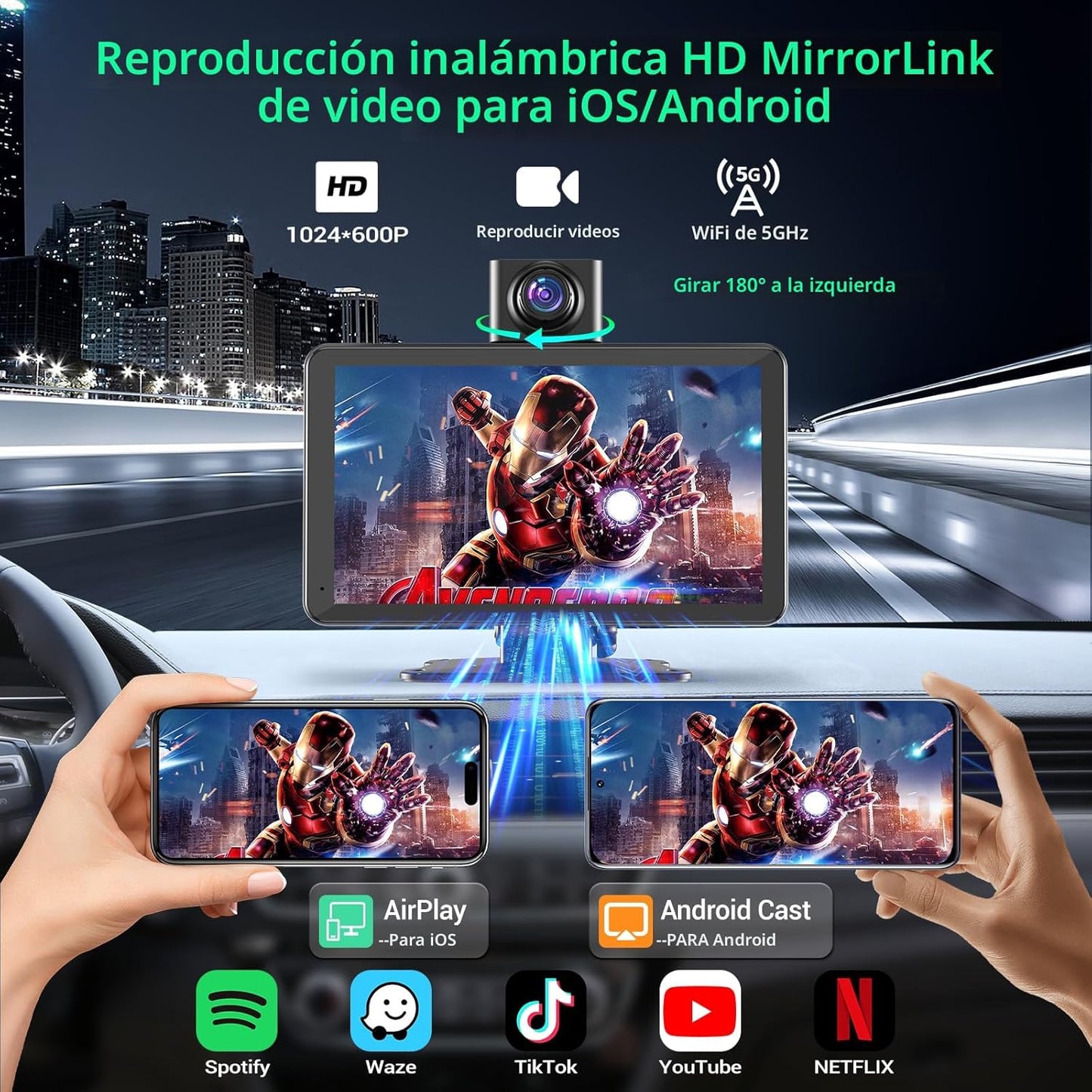 Pantalla de coche de 7" con CarPlay y Android Auto inalámbricos, estéreo portátil, pantalla táctil, dash cam y espejo de audio con cámara integrada.