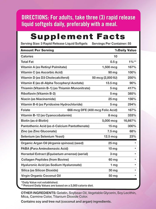 Nature’s Truth Superior Strength Hair, Skin & Nails with 5000 mcg Biotin per serving + Argan Oil, Collagen, Coconut Oil. NON-GMO, Gluten Free. 165 Liquid Softgels.