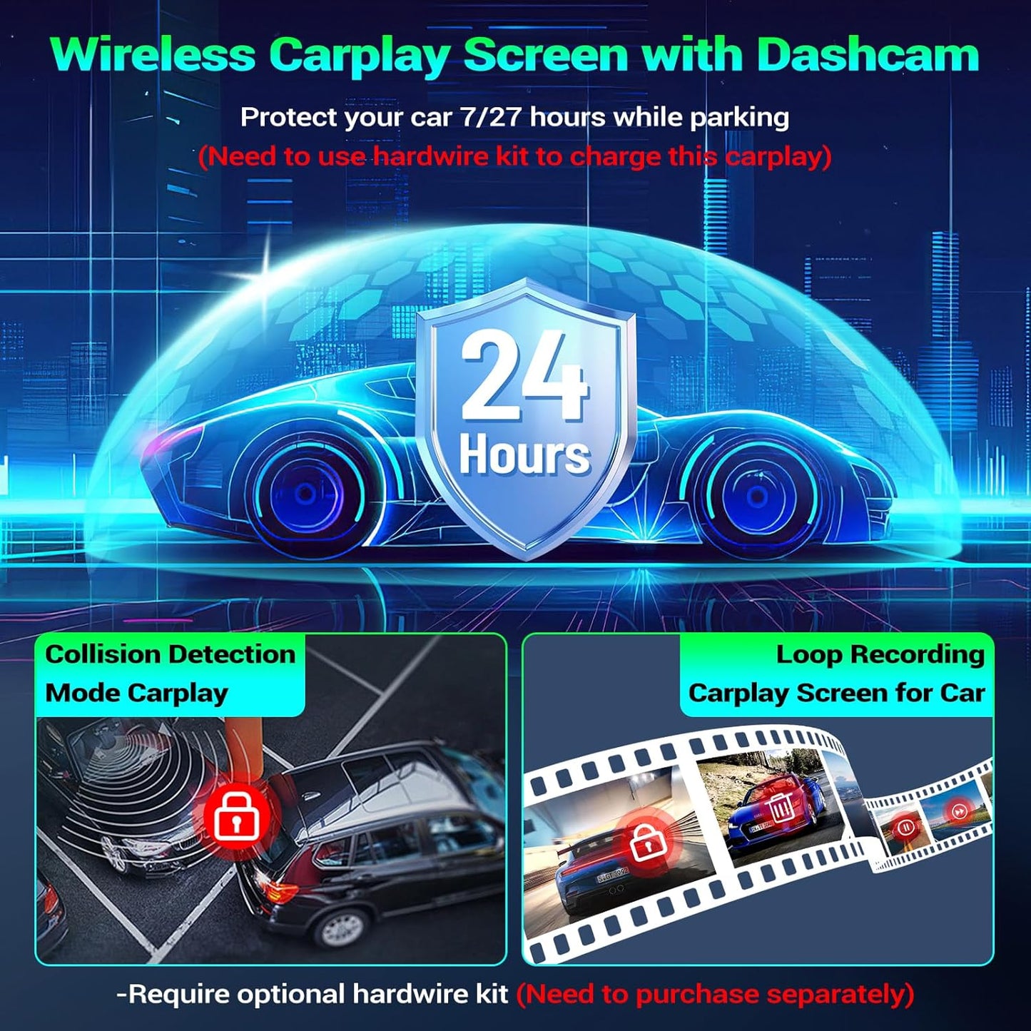 Pantalla de coche de 7" con CarPlay y Android Auto inalámbricos, estéreo portátil, pantalla táctil, dash cam y espejo de audio con cámara integrada.