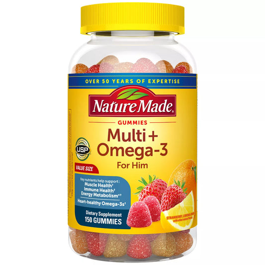 NatureMade Multi + Omega 3 for Him. Muscle Health, Immune Health, Energy Metabolism, Heart-healthy Omega-3. Dietary Supplement 150 Gummies