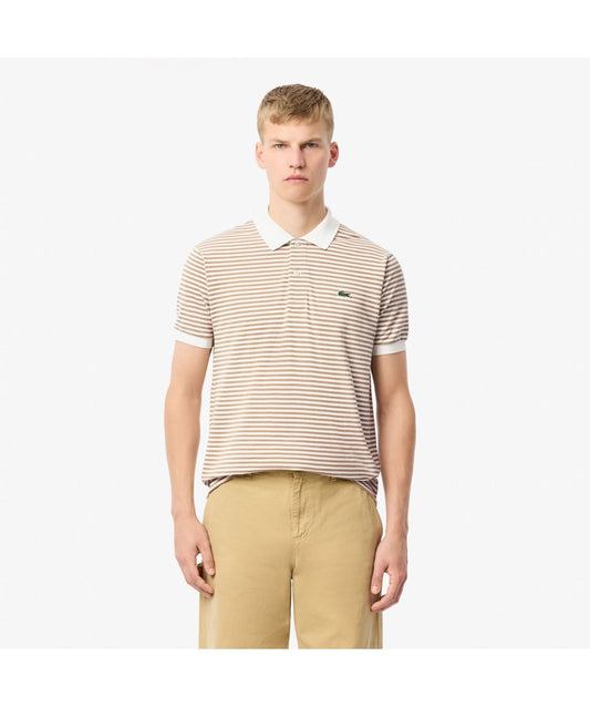 Lacoste – Camisa Polo L.12.12 Petit Piqué a Rayas Classic Fit para Hombre – Blanco y Dorado