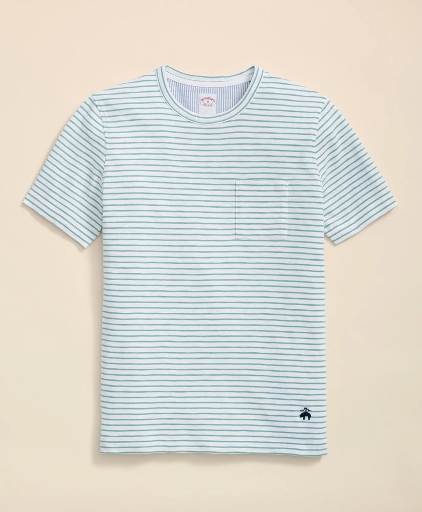 Brooks Brothers – Camiseta de Algodón Slub a Rayas con Bolsillo – Blanco y Cyan