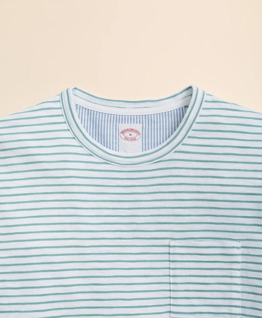Brooks Brothers – Camiseta de Algodón Slub a Rayas con Bolsillo – Blanco y Cyan