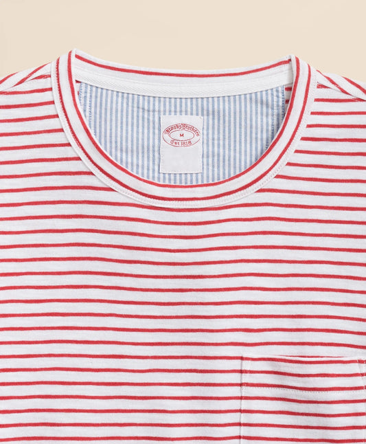 Brooks Brothers – Camiseta de Algodón Slub a Rayas con Bolsillo – Blanco y rojo