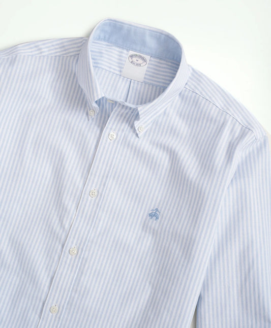 Brooks Brothers – Camisa Oxford Sport de Manga Larga con Botones – Rayada Blanco/Celeste