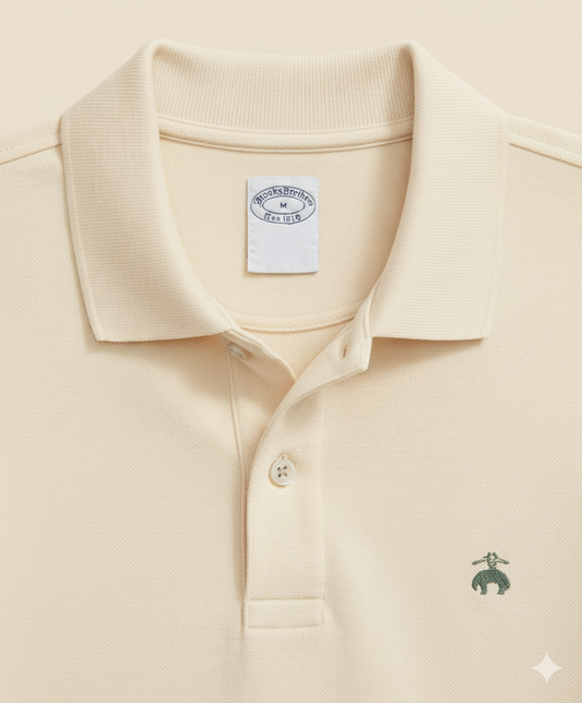 Brooks Brothers – Camisa Polo Piqué de Manga Corta con Logo – Crema