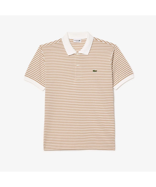 Lacoste – Camisa Polo L.12.12 Petit Piqué a Rayas Classic Fit para Hombre – Blanco y Dorado