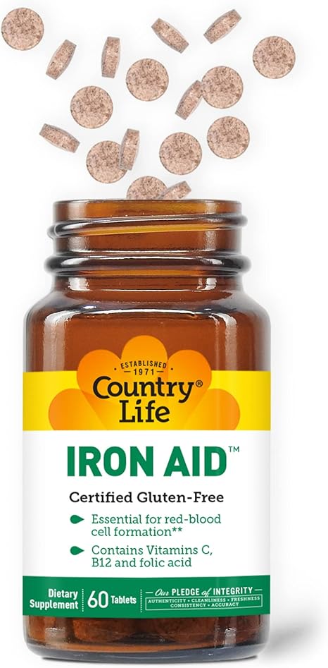 Country Life – Iron Aid (Hierro con Vitaminas C, B12 y Ácido Fólico) – Libre de Gluten
