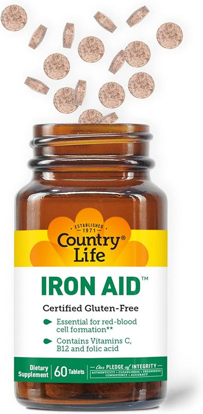 Country Life – Iron Aid (Hierro con Vitaminas C, B12 y Ácido Fólico) – Libre de Gluten