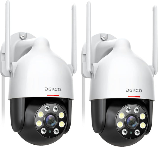 DEKCO – Pack de 2 cámaras de seguridad WiFi para exteriores 2K, 3MP, visión panorámica 360°, detección de movimiento inteligente