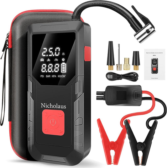 Arrancador portátil de batería para coche 12V, 8000 mAh y 2800A, con compresor de aire de 150 PSI, luz inteligente de seguridad y edición práctica QB08L. Incluye cargador para motores a gasolina.