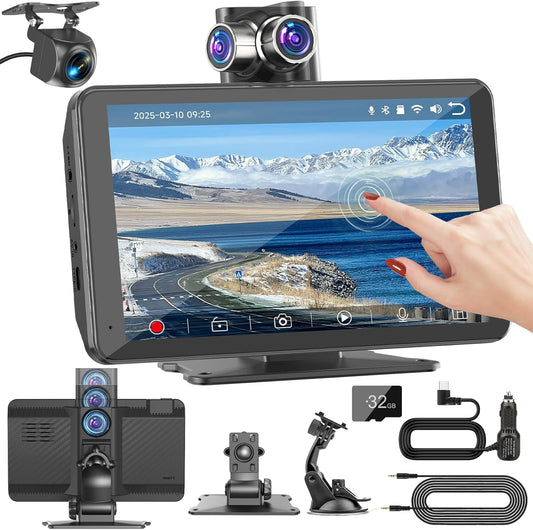 Pantalla de coche de 7" con CarPlay y Android Auto inalámbricos, estéreo portátil, pantalla táctil, dash cam y espejo de audio con cámara integrada.