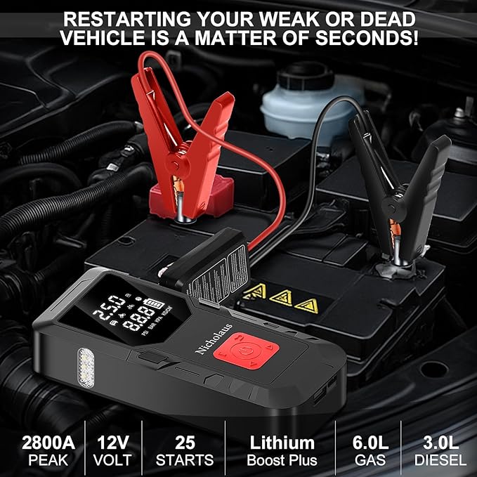 Arrancador portátil de batería para coche 12V, 8000 mAh y 2800A, con compresor de aire de 150 PSI, luz inteligente de seguridad y edición práctica QB08L. Incluye cargador para motores a gasolina.