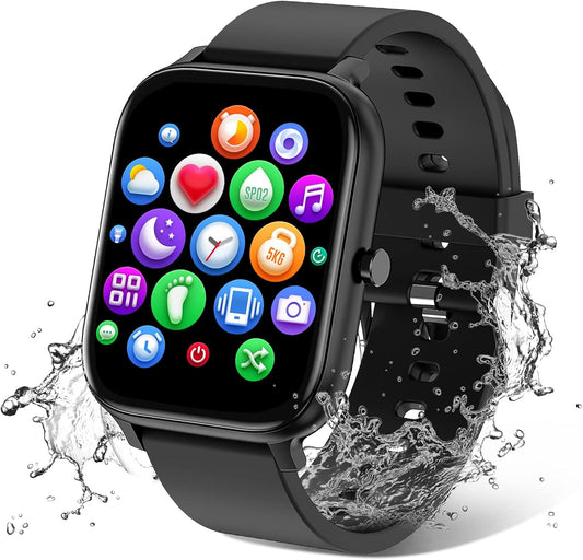 Reloj inteligente unisex de 1.69" con pantalla táctil completa, IP68 resistente al agua, Bluetooth, monitor de frecuencia cardíaca y sueño – Compatible con iPhone y Android (color negro).