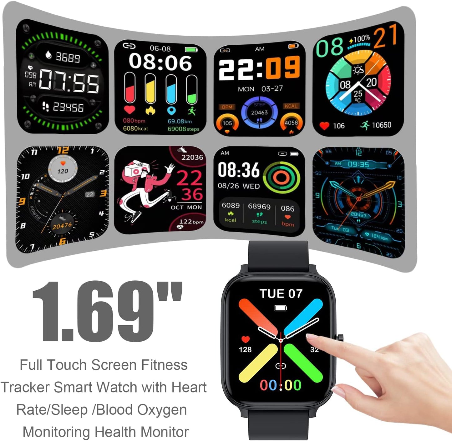 Reloj inteligente unisex de 1.69" con pantalla táctil completa, IP68 resistente al agua, Bluetooth, monitor de frecuencia cardíaca y sueño – Compatible con iPhone y Android (color negro).