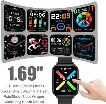 Reloj inteligente unisex de 1.69" con pantalla táctil completa, IP68 resistente al agua, Bluetooth, monitor de frecuencia cardíaca y sueño – Compatible con iPhone y Android (color negro).