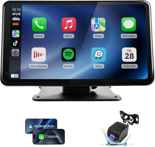 Estéreo portátil inalámbrico para automóvil con CarPlay y Android Auto, pantalla táctil HD de 7", cámara de reversa, GPS y control por voz. Plug & Play para vehículos antiguos.