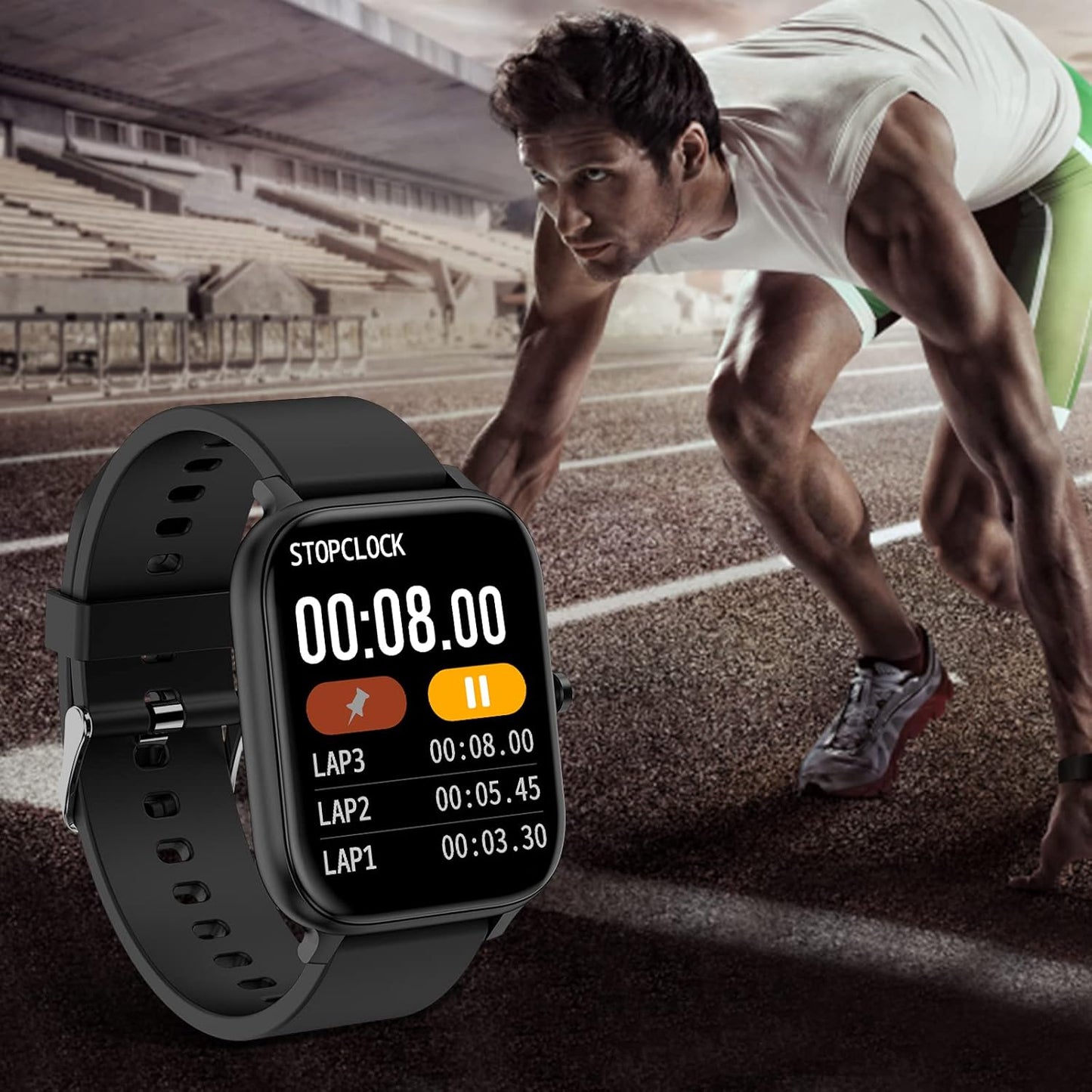 Reloj inteligente unisex de 1.69" con pantalla táctil completa, IP68 resistente al agua, Bluetooth, monitor de frecuencia cardíaca y sueño – Compatible con iPhone y Android (color negro).