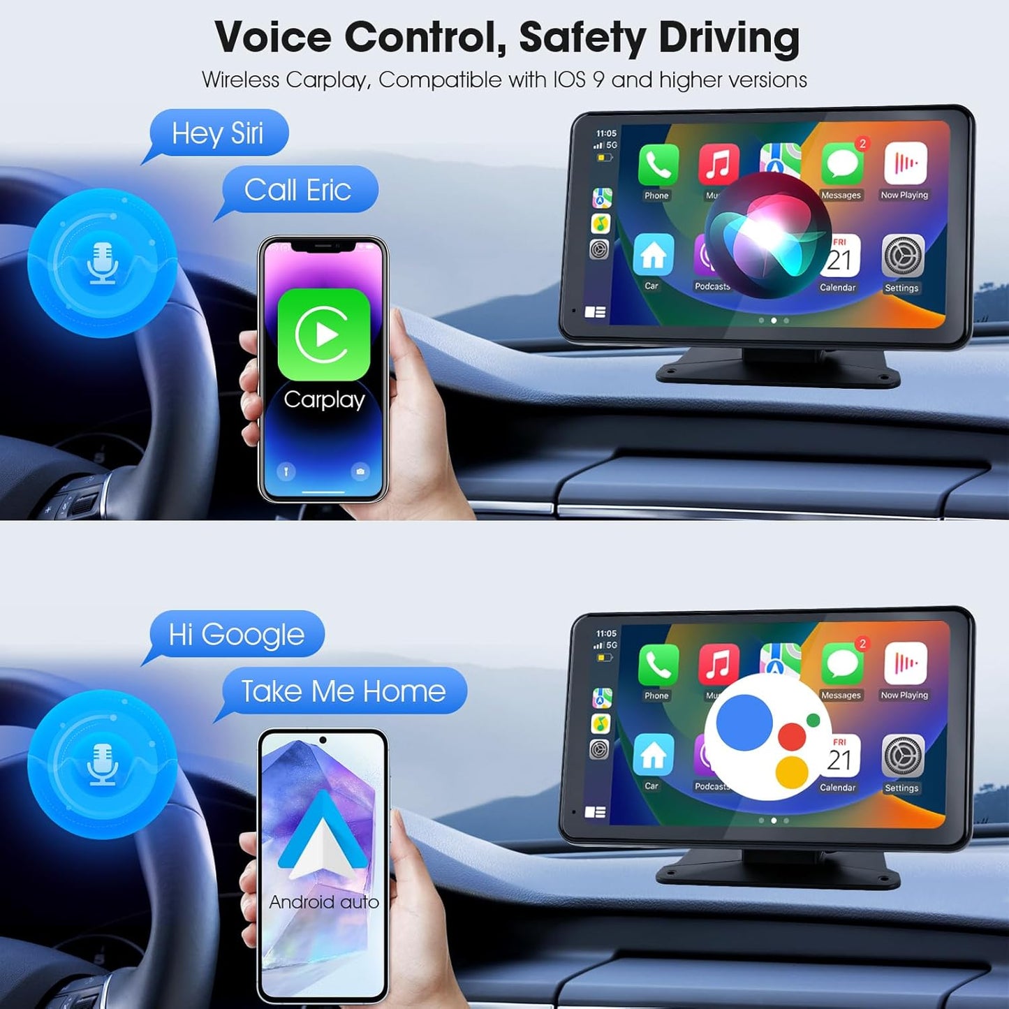 Estéreo portátil inalámbrico para automóvil con CarPlay y Android Auto, pantalla táctil HD de 7", cámara de reversa, GPS y control por voz. Plug & Play para vehículos antiguos.