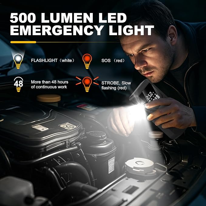 Arrancador portátil de batería para coche 12V, 8000 mAh y 2800A, con compresor de aire de 150 PSI, luz inteligente de seguridad y edición práctica QB08L. Incluye cargador para motores a gasolina.