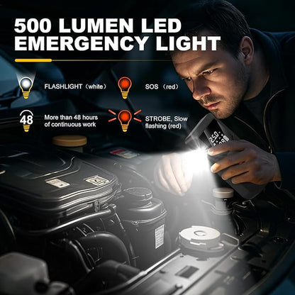 Arrancador portátil de batería para coche 12V, 8000 mAh y 2800A, con compresor de aire de 150 PSI, luz inteligente de seguridad y edición práctica QB08L. Incluye cargador para motores a gasolina.