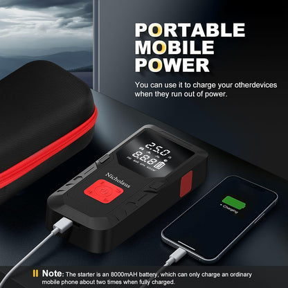 Arrancador portátil de batería para coche 12V, 8000 mAh y 2800A, con compresor de aire de 150 PSI, luz inteligente de seguridad y edición práctica QB08L. Incluye cargador para motores a gasolina.