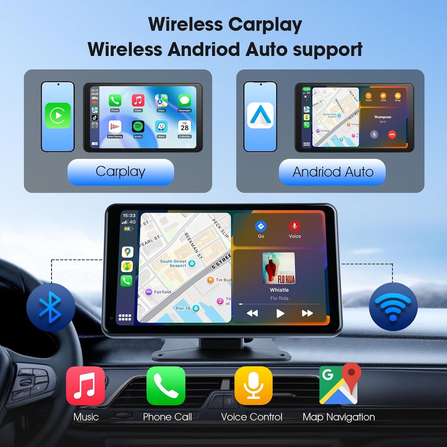 Estéreo portátil inalámbrico para automóvil con CarPlay y Android Auto, pantalla táctil HD de 7", cámara de reversa, GPS y control por voz. Plug & Play para vehículos antiguos.
