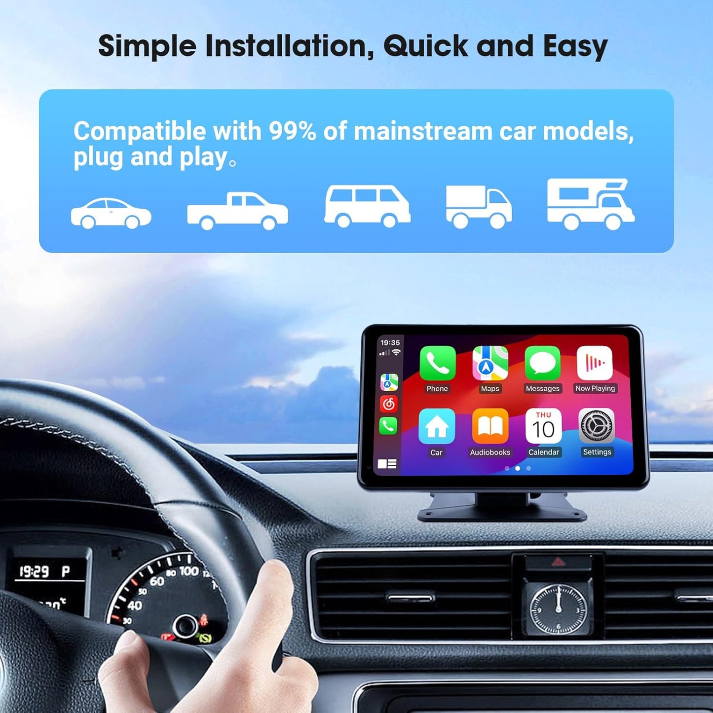 Estéreo portátil inalámbrico para automóvil con CarPlay y Android Auto, pantalla táctil HD de 7", cámara de reversa, GPS y control por voz. Plug & Play para vehículos antiguos.