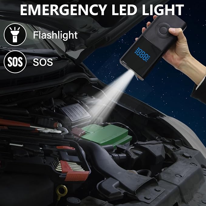 Arrancador portátil de autos con potencia de 3000 A, ideal para motores de gasolina de hasta 9.0 L y diésel de hasta 7.0 L. Funciona como amplificador de batería de 12 V e incluye luz integrada para mayor practicidad.