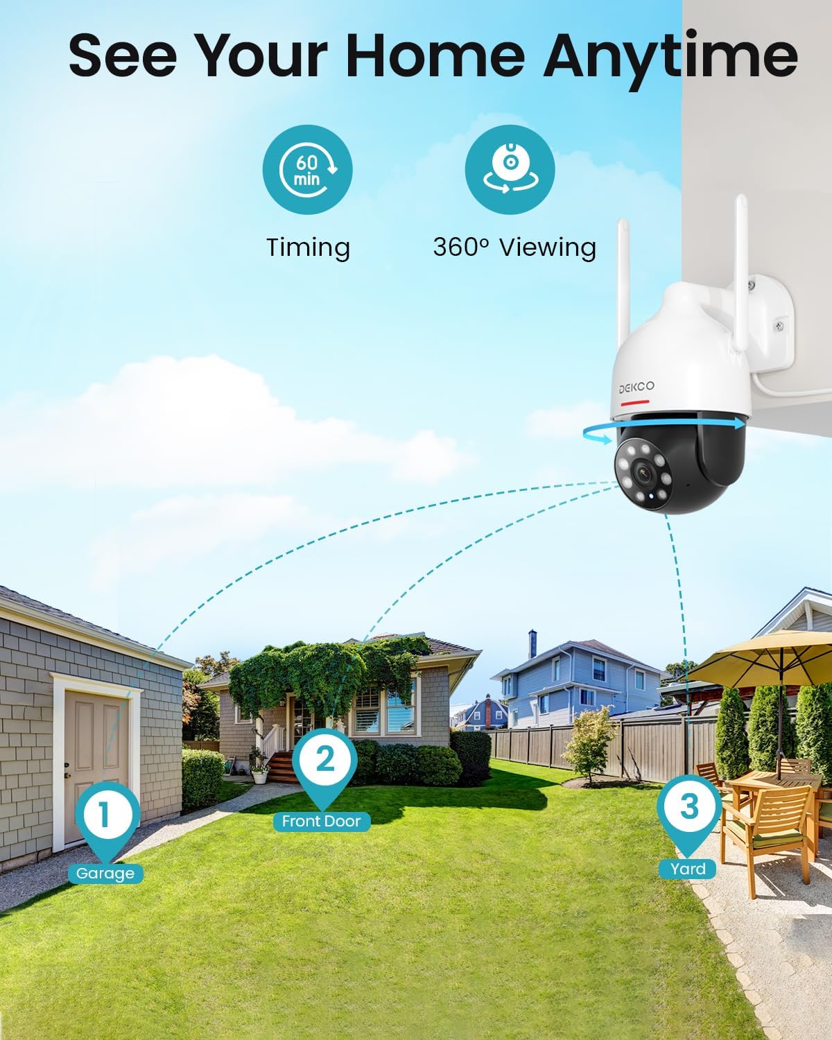 DEKCO – Pack de 2 cámaras de seguridad WiFi para exteriores 2K, 3MP, visión panorámica 360°, detección de movimiento inteligente