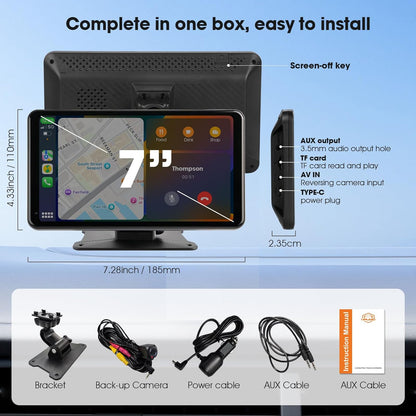 Estéreo portátil inalámbrico para automóvil con CarPlay y Android Auto, pantalla táctil HD de 7", cámara de reversa, GPS y control por voz. Plug & Play para vehículos antiguos.