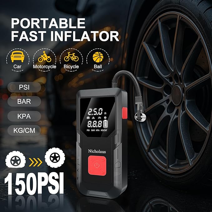Arrancador portátil de batería para coche 12V, 8000 mAh y 2800A, con compresor de aire de 150 PSI, luz inteligente de seguridad y edición práctica QB08L. Incluye cargador para motores a gasolina.