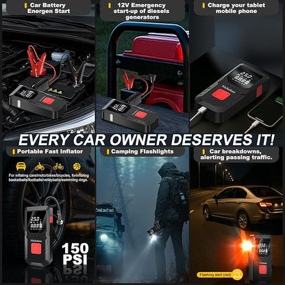 Arrancador portátil de batería para coche 12V, 8000 mAh y 2800A, con compresor de aire de 150 PSI, luz inteligente de seguridad y edición práctica QB08L. Incluye cargador para motores a gasolina.