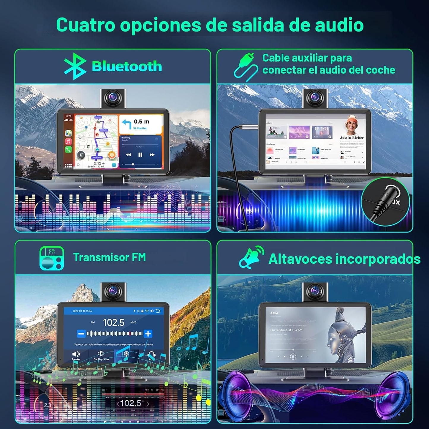 Pantalla de coche de 7" con CarPlay y Android Auto inalámbricos, estéreo portátil, pantalla táctil, dash cam y espejo de audio con cámara integrada.