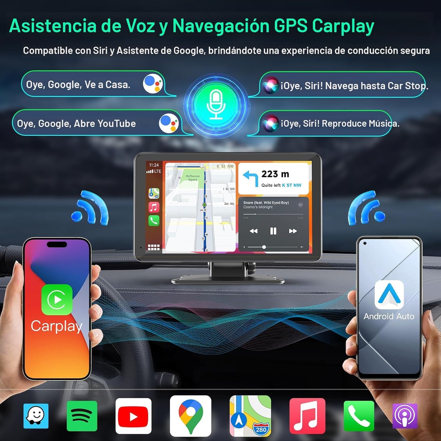 Pantalla de coche de 7" con CarPlay y Android Auto inalámbricos, estéreo portátil, pantalla táctil, dash cam y espejo de audio con cámara integrada.