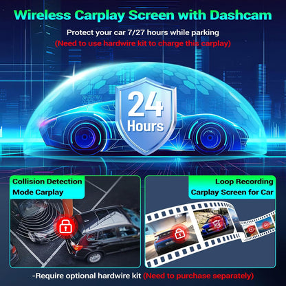 Pantalla de coche de 7" con CarPlay y Android Auto inalámbricos, estéreo portátil, pantalla táctil, dash cam y espejo de audio con cámara integrada.