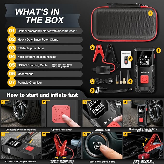 Arrancador portátil de batería para coche 12V, 8000 mAh y 2800A, con compresor de aire de 150 PSI, luz inteligente de seguridad y edición práctica QB08L. Incluye cargador para motores a gasolina.