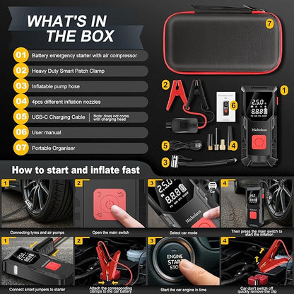 Arrancador portátil de batería para coche 12V, 8000 mAh y 2800A, con compresor de aire de 150 PSI, luz inteligente de seguridad y edición práctica QB08L. Incluye cargador para motores a gasolina.