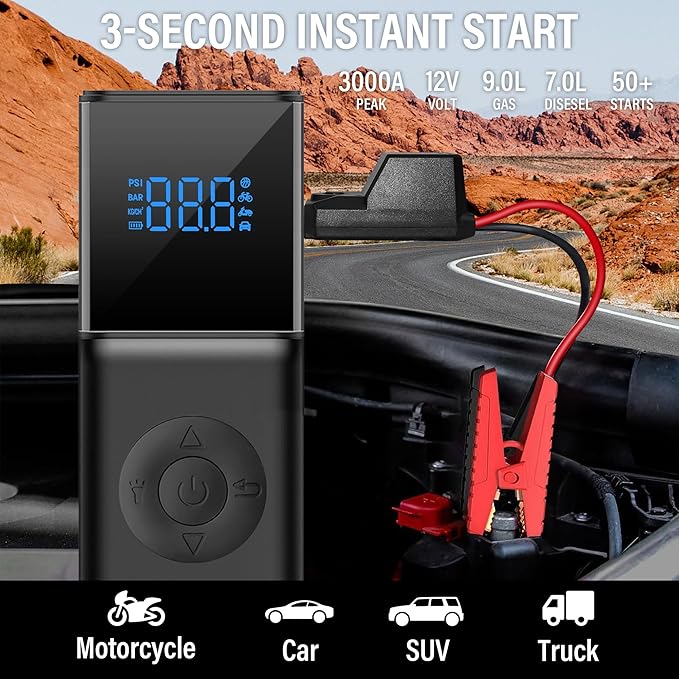 Arrancador portátil de autos con potencia de 3000 A, ideal para motores de gasolina de hasta 9.0 L y diésel de hasta 7.0 L. Funciona como amplificador de batería de 12 V e incluye luz integrada para mayor practicidad.