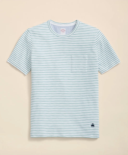 Brooks Brothers – Camiseta de Algodón Slub a Rayas con Bolsillo – Blanco y Cyan