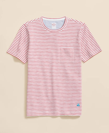 Brooks Brothers – Camiseta de Algodón Slub a Rayas con Bolsillo – Blanco y rojo
